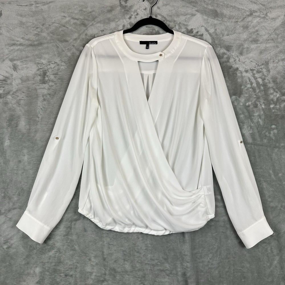 Ro & De Faux Wrap Front Blouse Women's M White Roll Tab Sleeves Elastic Hem